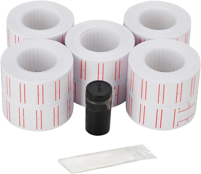 MFLABEL 10 Rolls 6000 White Price Gun Labels for Mx-5500 - with Double Red Line Visibility, Refill Ink Roll & Disposable Gloves for Easy Loading - Image 1
